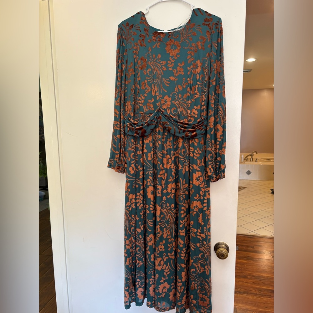 Floral Long Sleeve Dress in Teal and Orange